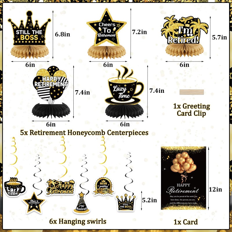 Bolake Happy Retirement Party Decorations for Men Women Black and Gold Retirement Party Decorations Happy Retirement Banner Backdrop Card Retirement Sash Hanging Swirls Foil Balloons Honeycomb Centerpieces - Image 3